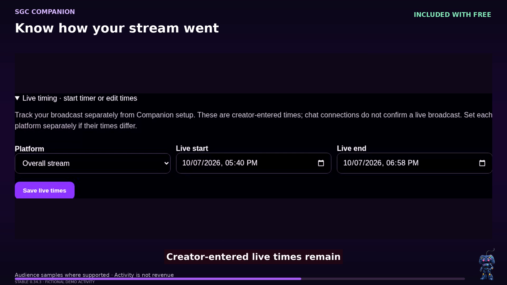 SGC Companion 0.34.3 — Record broadcast start and end times separately from Companion activity. Fictional demonstration.