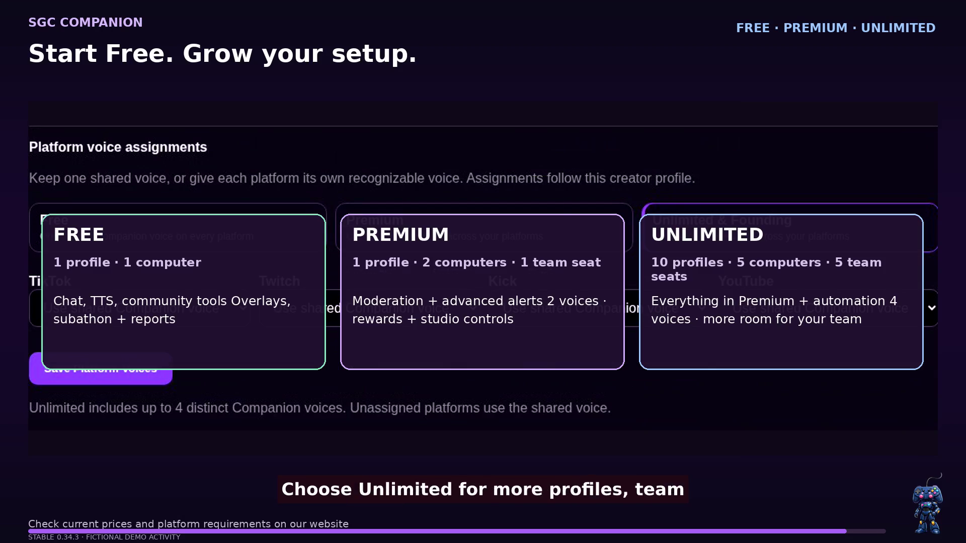SGC Companion 0.34.3 — Compare core Free tools, Premium controls and Unlimited capacity. Experiments require separate eligibility. Fictional demonstration.