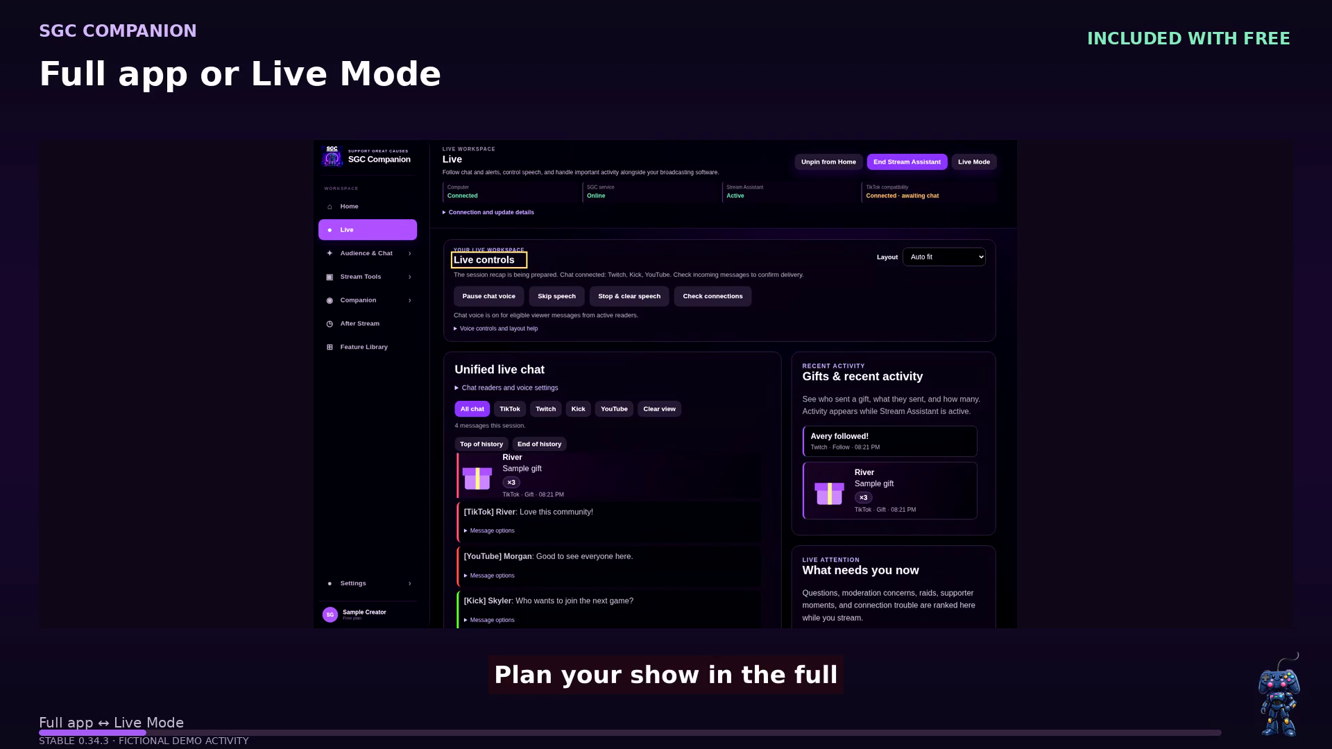 SGC Companion 0.34.3 — Plan and manage your stream in the full app. Fictional demonstration.