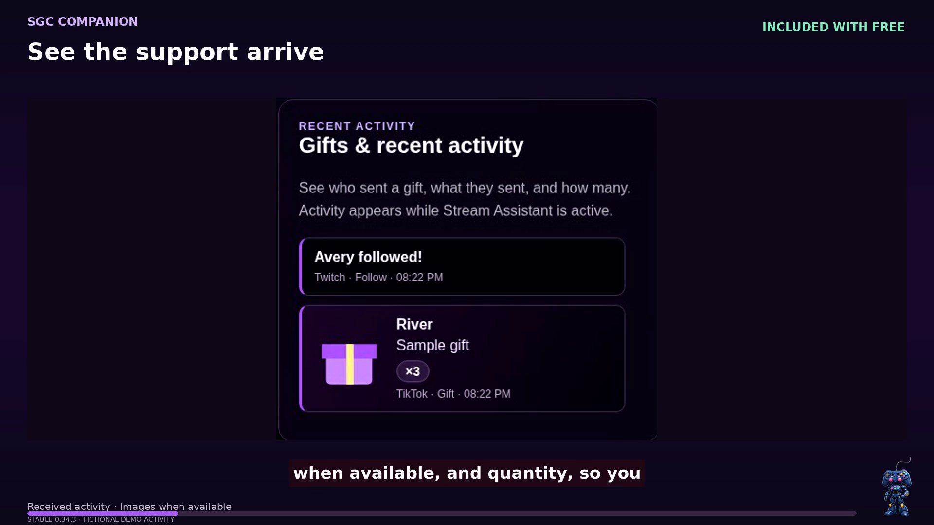 SGC Companion 0.34.3 — See received gifts, quantities and recent activity; images appear when supplied. Fictional demonstration.