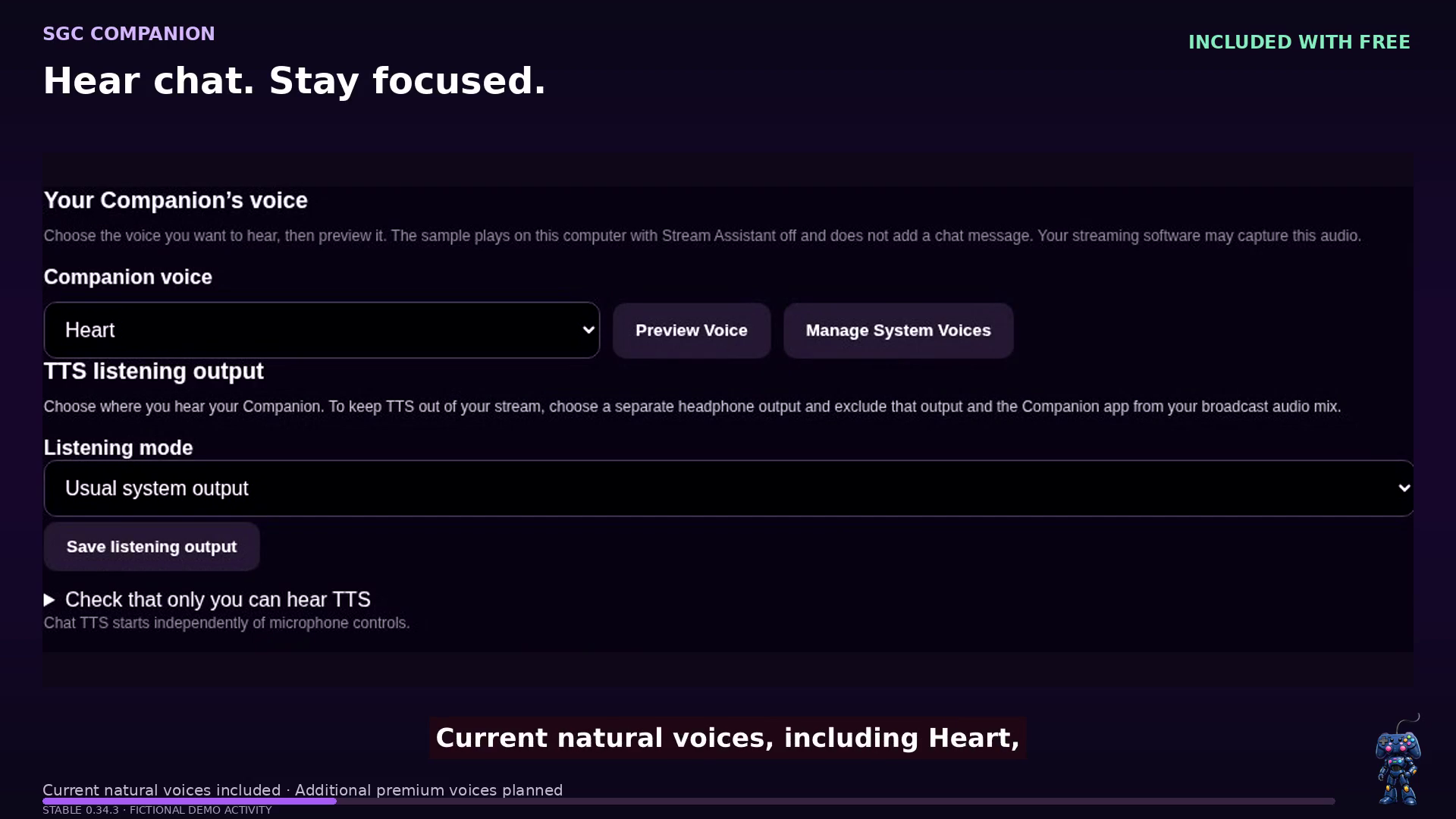 SGC Companion 0.34.3 — Choose current natural voices, including Heart, and configure listening output. Fictional demonstration.