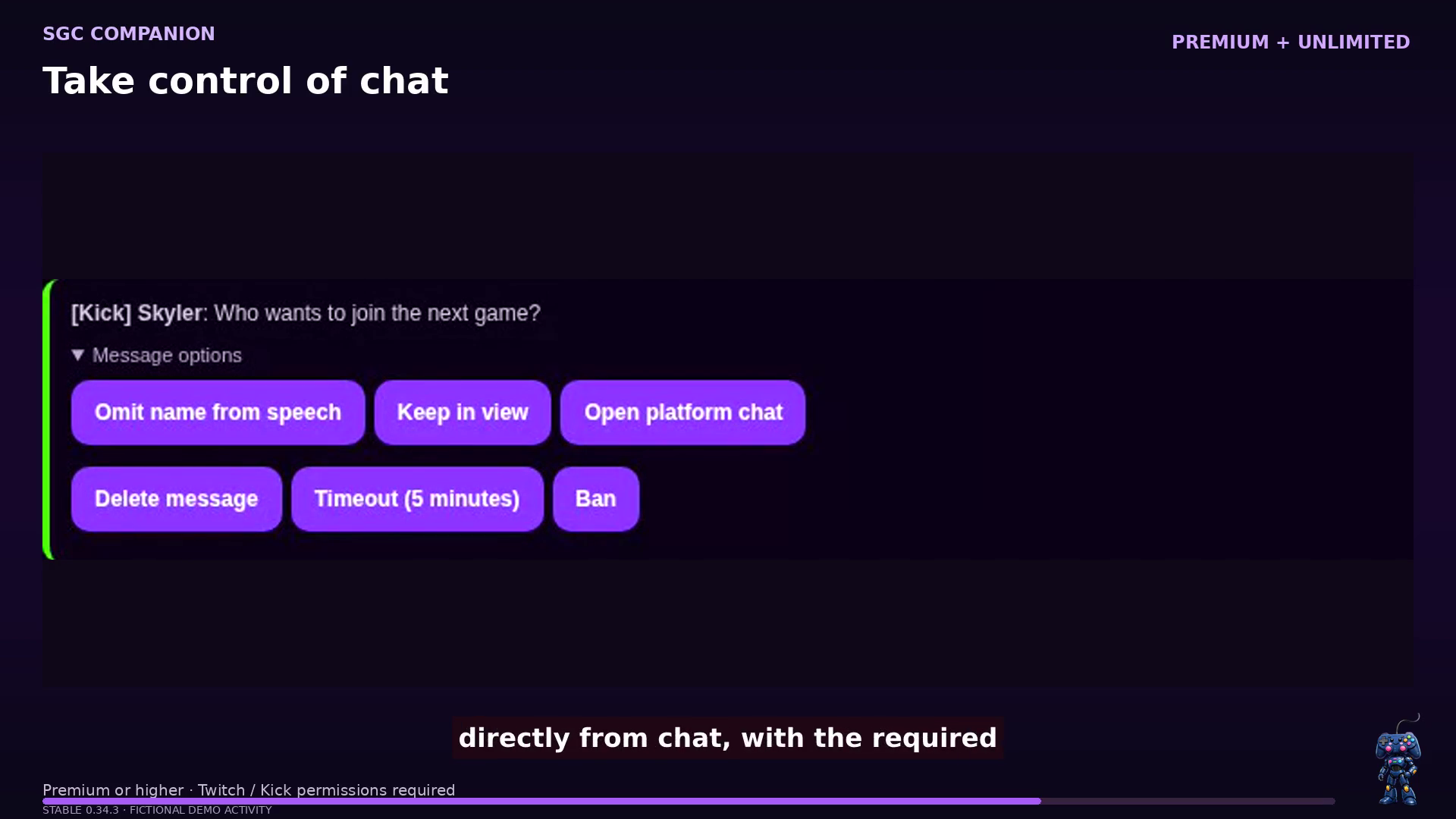 SGC Companion 0.34.3 — Use moderation controls directly in Kick chat. Fictional demonstration.