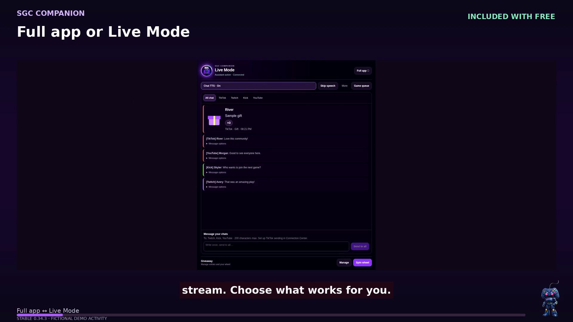 SGC Companion 0.34.3 — Switch to Live Mode for a focused chat view. Fictional demonstration.