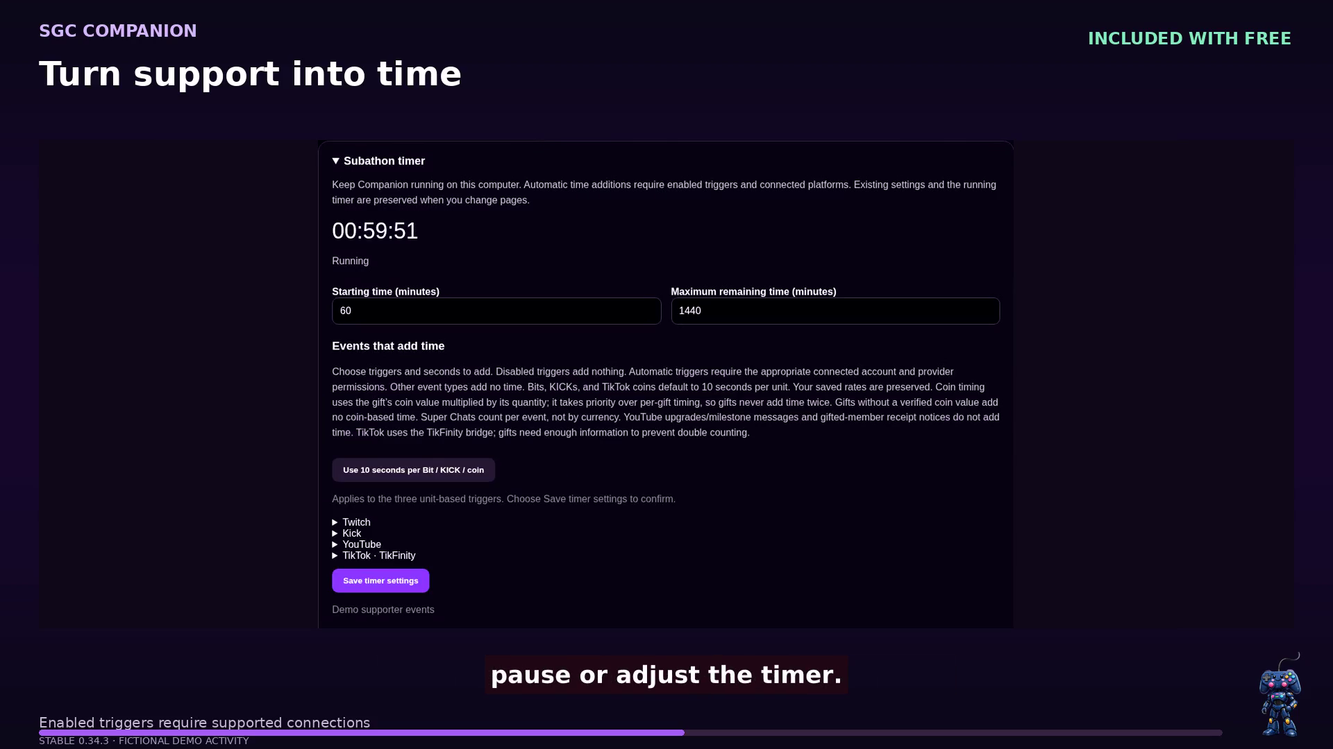 SGC Companion 0.34.3 — Turn supported events into added time; configure limits and pause or adjust the timer. Fictional demonstration.