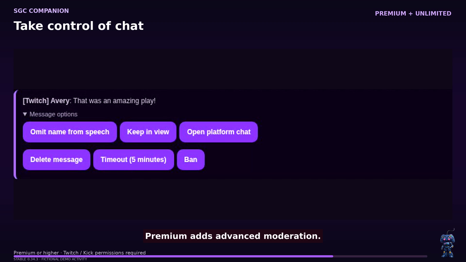 SGC Companion 0.34.3 — Delete messages, time out viewers or ban them directly from Twitch chat. Fictional demonstration.