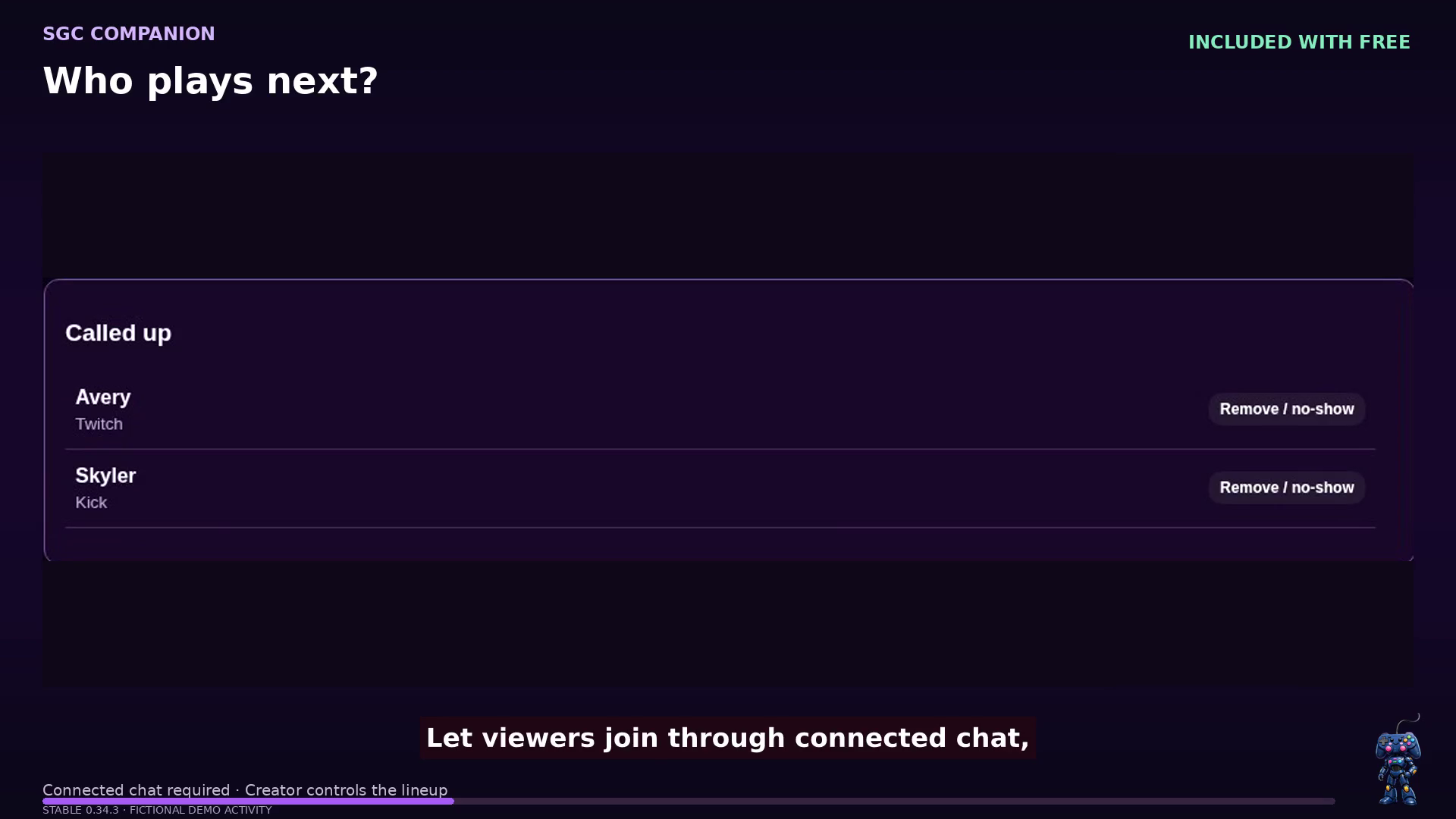 SGC Companion 0.34.3 — Call the next players from a queue joined through connected chat. Fictional demonstration.